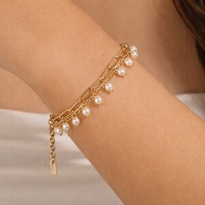 Gold Tone Double Layer Pearl Chain Bracelet/Anklet | Paperclip Link Jewelry